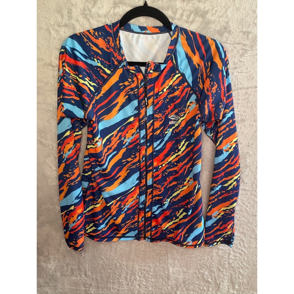 Axesea Womens Long‎ Sleeve Rash Guard Full Zip Shirt Orange Blue Tiger Stripe L